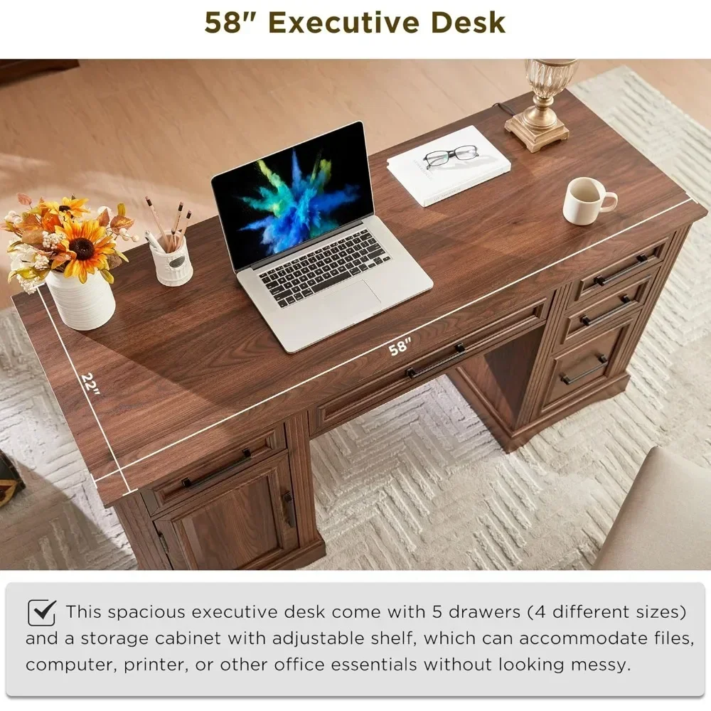 58" Executive Desk, Computer Desk with Drawers & Cabinet, 5 Storage Cabinets Workspace for Work Study Writing, Home Office Desk