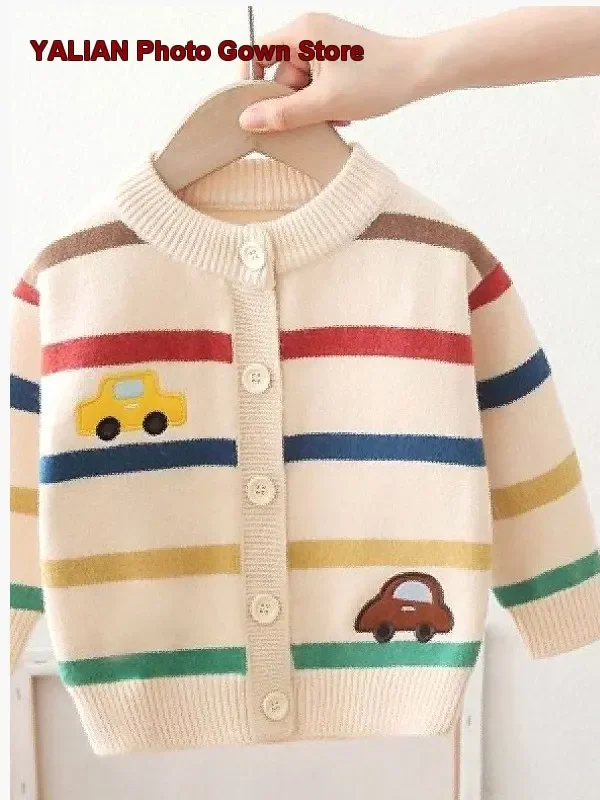 Boys Cardigan Kids Spring Autumn Cartoon Animal Pattern Striped Cute Knit Jacket