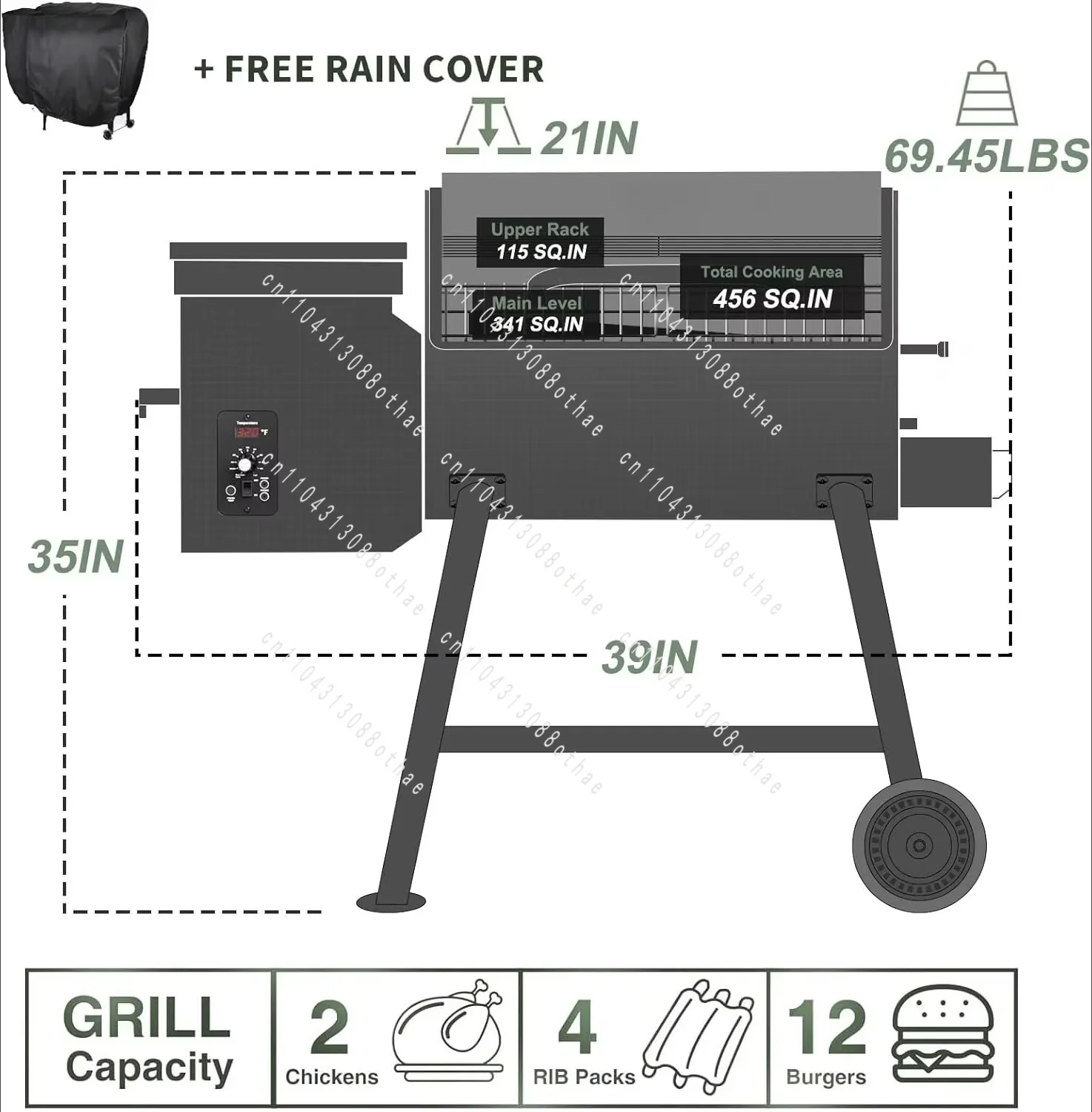 For Outdoor Grill with Auto Feed & PID Temperature Control (180-450°F)456 Sq BBQ Grills