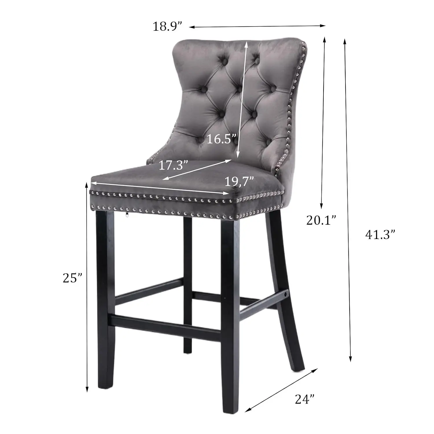 Velvet Bar Stools 6pcs Wood Legs Button Tufted Chrome Nailhead Armless Counter Chairs Kitchen Island Gray, Customized