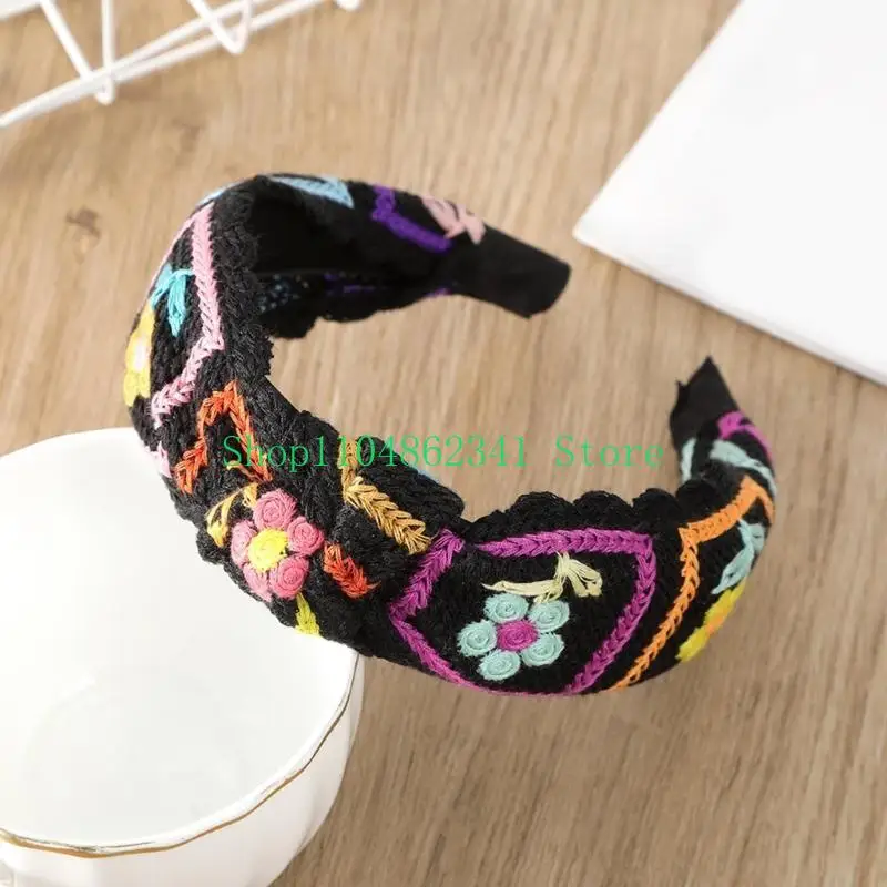 

652F Women Turban Floral Headband Floral Headwear Knitted Hairband Granny-square Girls Vacation Photo Prop Lady Turban