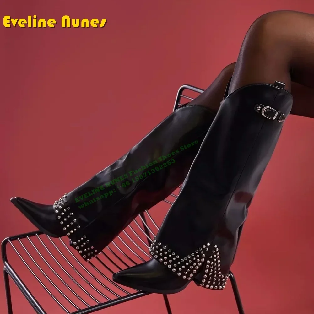 Belt Buckle Rivet Fashion Trouser Boots Pointed Toe Block Heels Pull On Large Size Women Sleeve Boots 2024 New Style Luxury Shoe