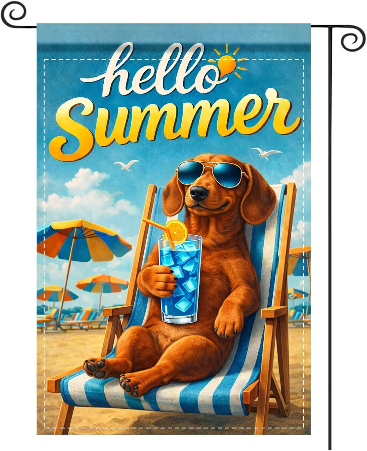 Summer Garden Flag Hello Summer Dog Sunglasses Beach Chair Pattern Polyester 12x18 Inches Garden Flags for Outside Fun Decor PPZ