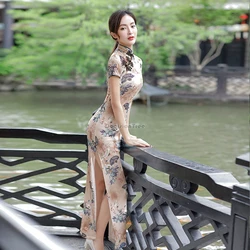 2025 new summer gauze cheongsam women's improved dress chinese style elastic slimming long traditional printed qipao dress w305