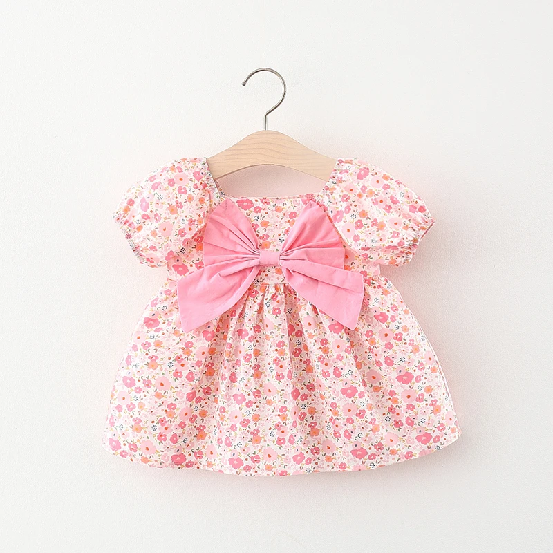 

Birthday Party Dress Baby Girl Summer Pink Dress Flower Printed Puff Sleeved Cotton Princess Dress
