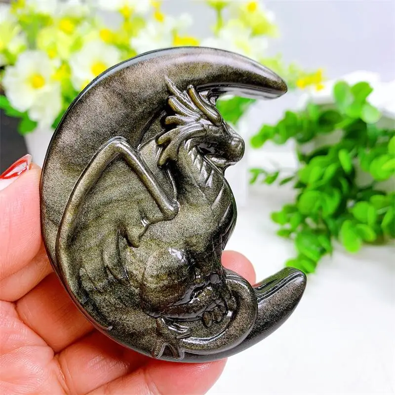 Imagem -05 - Golden Obsidian Cristal Handmade Esculpida Lua e Dragão Polido Animal Estátua Poderosa para Decoração de Casa Presente 1pc 8cm Natural