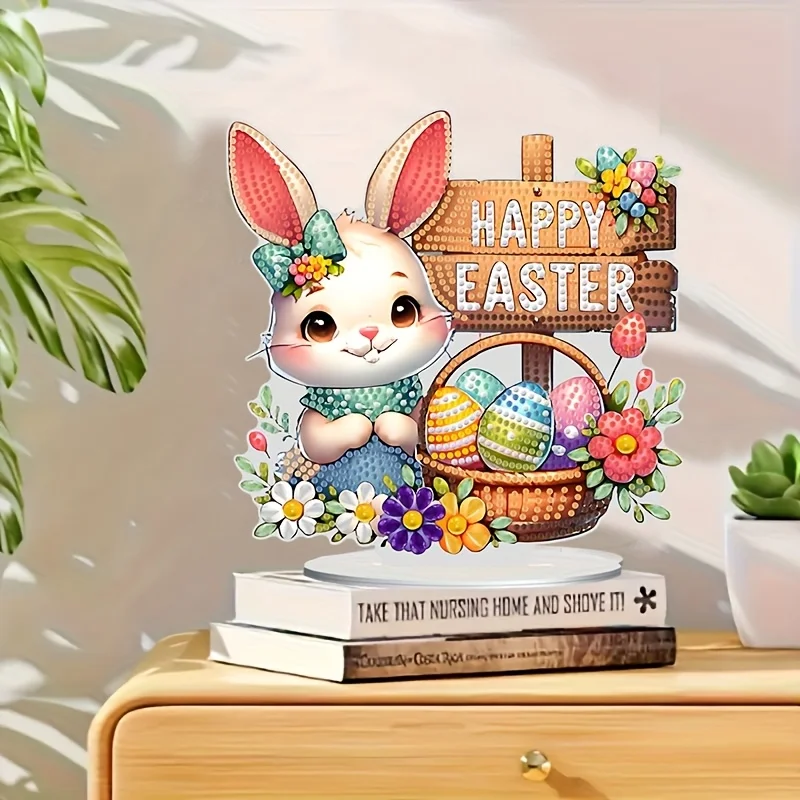 2D/flat diamond painting Easter bunny pattern decoration ornament, DIY unique irregular diamond design, suitable for home, bedr