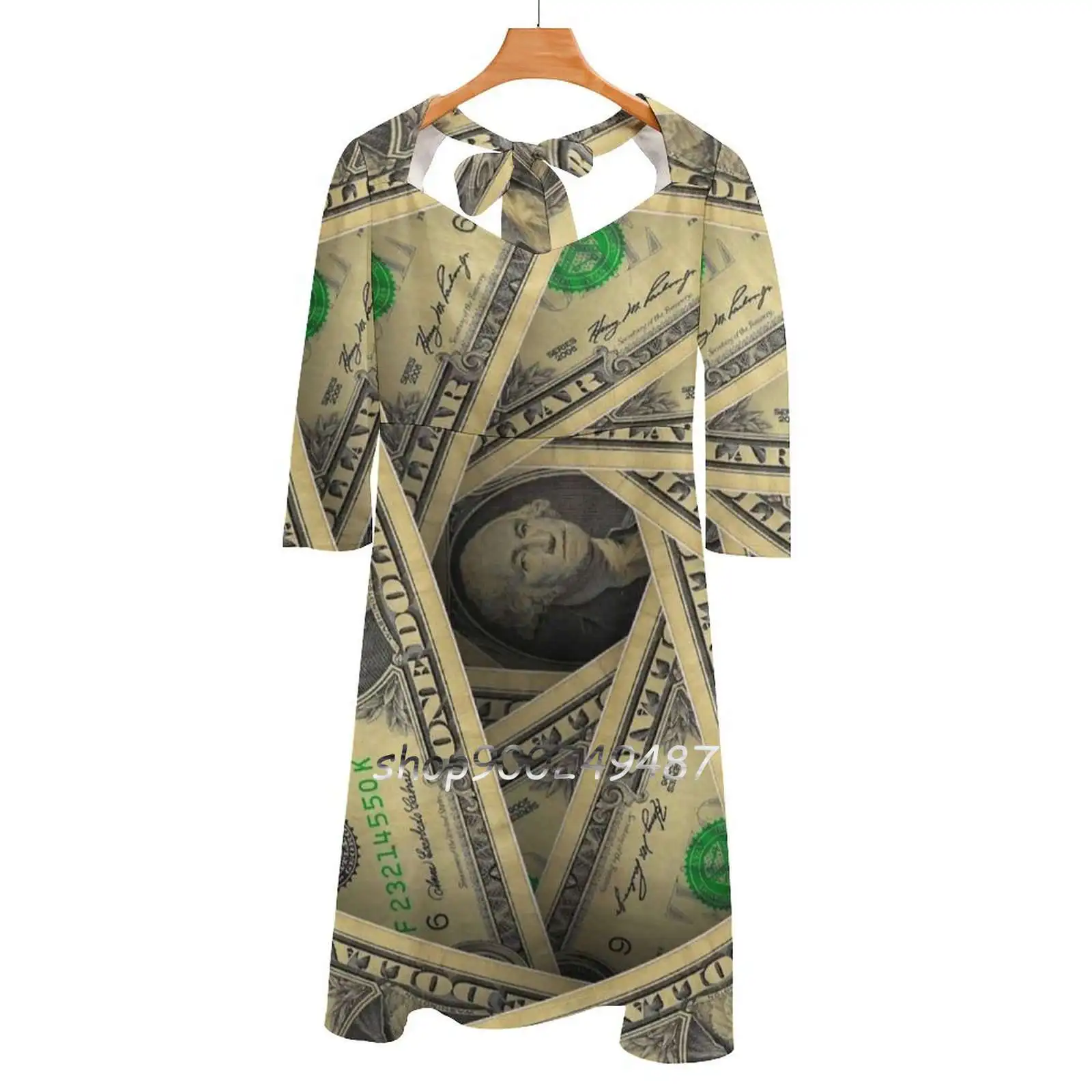 Washington-Dollar Bills Sweetheart Knot Flared Dress Fashion Design Large Size Loose Dress Us Dollars American Currency Bank