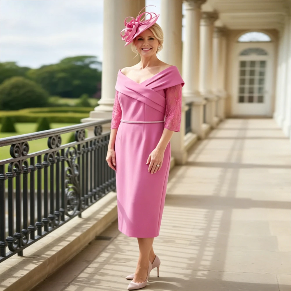 Customized Pink Off Shoulder Wrap Lace 3/4 Sleeve Mother of Bride Dress Rhinestone Belt Crepe Formal Gown for Wedding Party