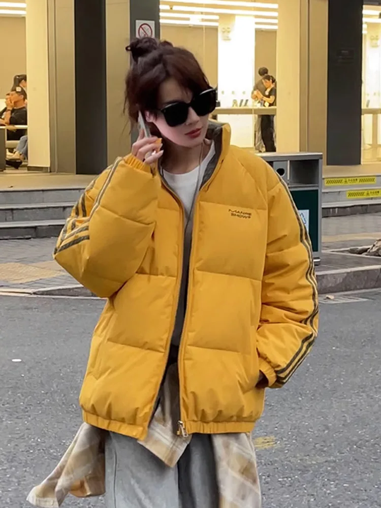 

Желтое полосатое пуховое хлопковое пальто Jaet ex Thiened, зимнее пальто с воротником-стойкой, верхняя одежда из нейтрального модного хлопка