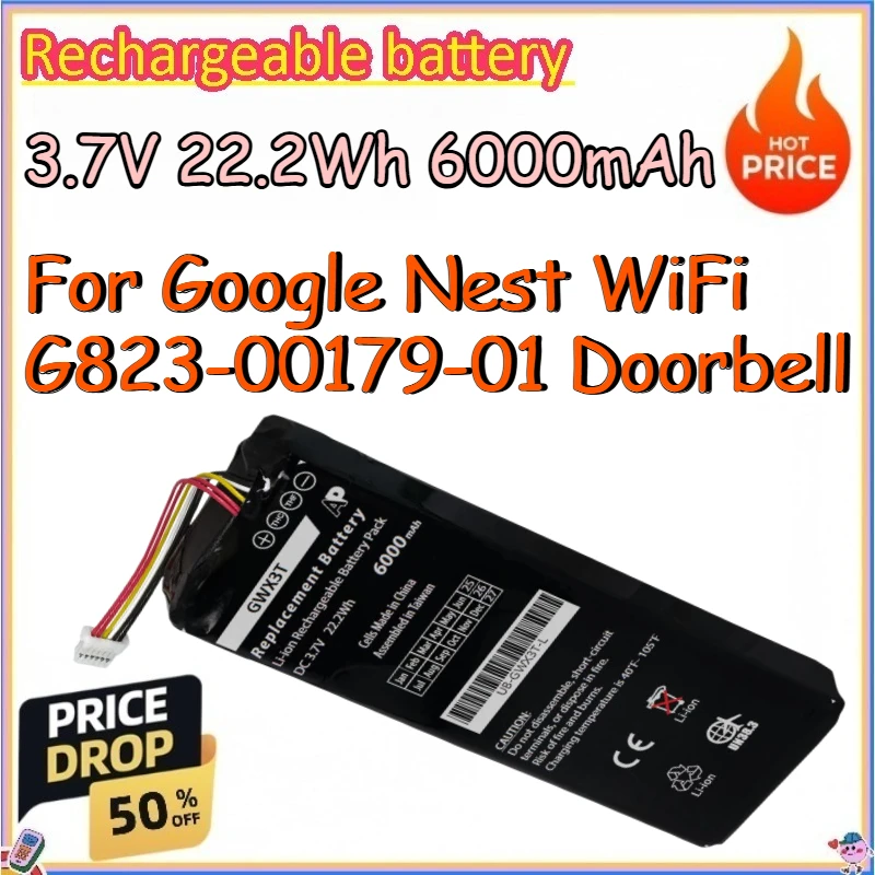 3.7V 22.2Wh 6000mAh Rechargeable Battery for Google Nest WiFi G823-00179-01 Doorbell Replace Lithium-ion Batteries