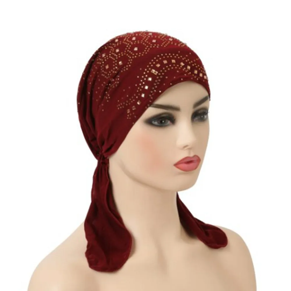 

Fashion Bohemia Crystal Print Turban with Many Stones Casual Chemotherapy Hat Spring Pull on Headwrap Women National