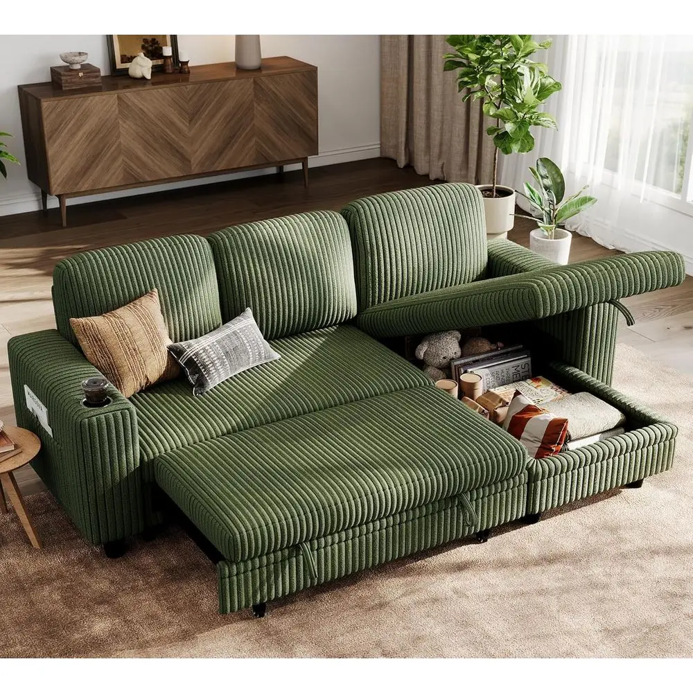 

Convertible Cloud Sofa with Pull-Out Bed, Corduroy Chaise, Storage & USB Ports (Green)