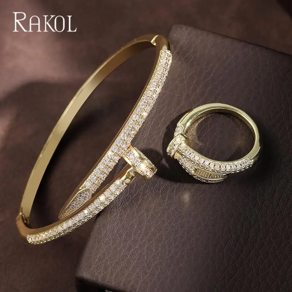 

RAKOL Gold Color Adjustable Nail Open Bangle Ring Sets For Women Luxury Copper Inlaid Zircon Fashion Party Jewelry Gift