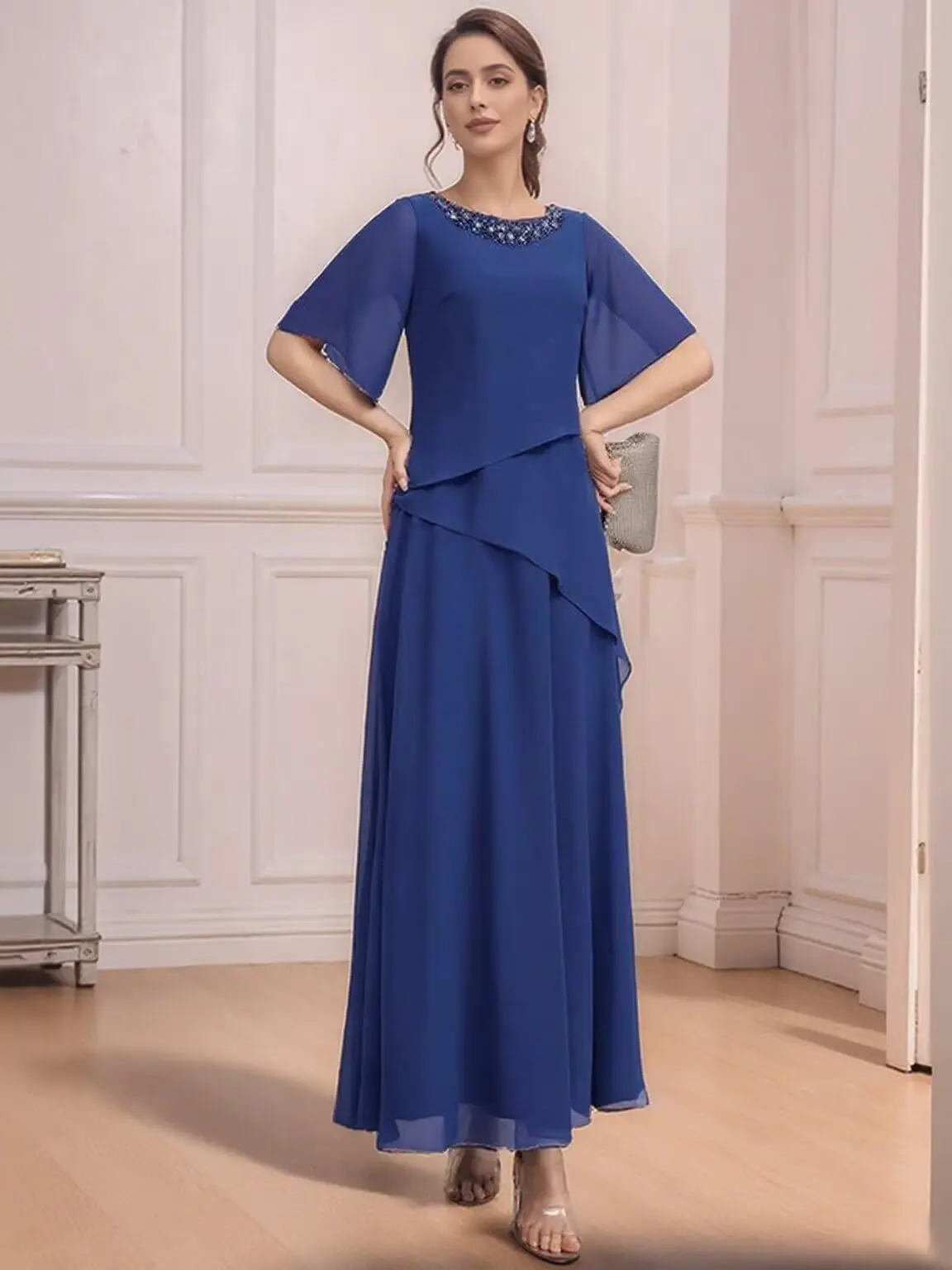 

Chiffon Mother of The Bride Dresses for Women Short Sleeves with Beading Chiffon Formal Evening Gowns