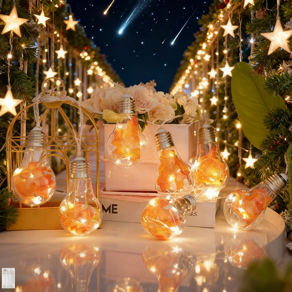 1pc Maple Leaf Copper Wire Bulbs String Christmas Lights, 10 Bulbs  Battery Operated  Warm White Clear Round Ball LED Lights