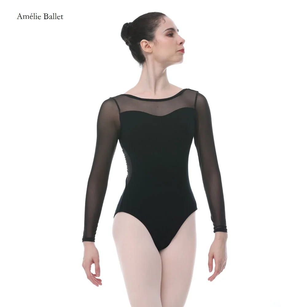 03D0224 Free Shipping Adult Dance Letoards Women Ballerina Black Long-sleeved Low Back Mesh Leotard Ballet Practice Clothes