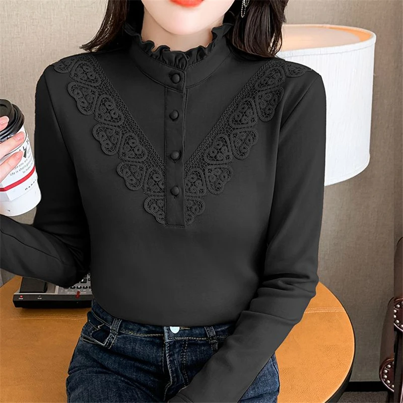 Women\'s Ruffle Lace Button Elegant Chic Half High Collar Basic T-shirts Autumn Winter Warm Long Sleeve Slim Top Female Clothing