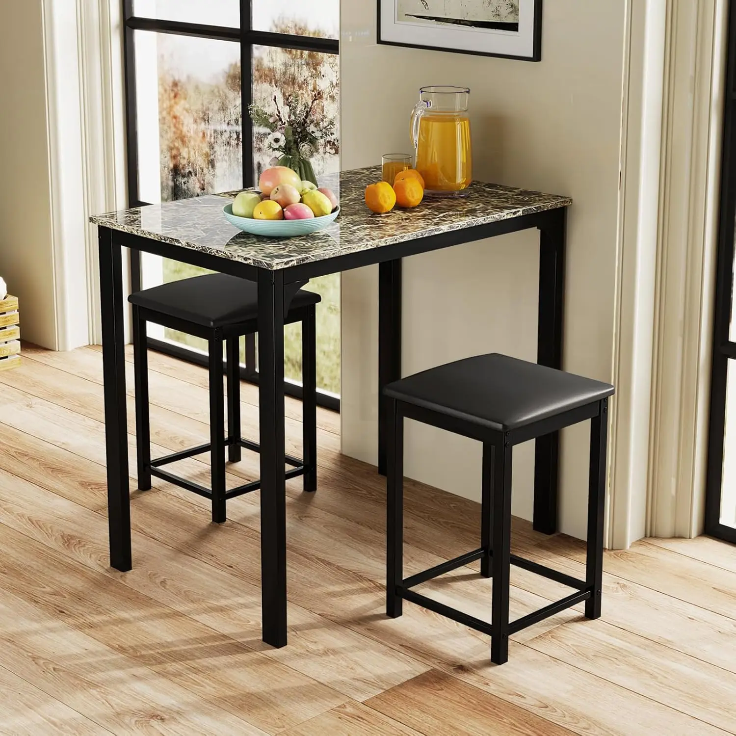 

Small Dining Table for 2, Space Saving Dinette Set w/Counter Height Table & 2 Upholstered Bar Stools, Breakfast, Customized