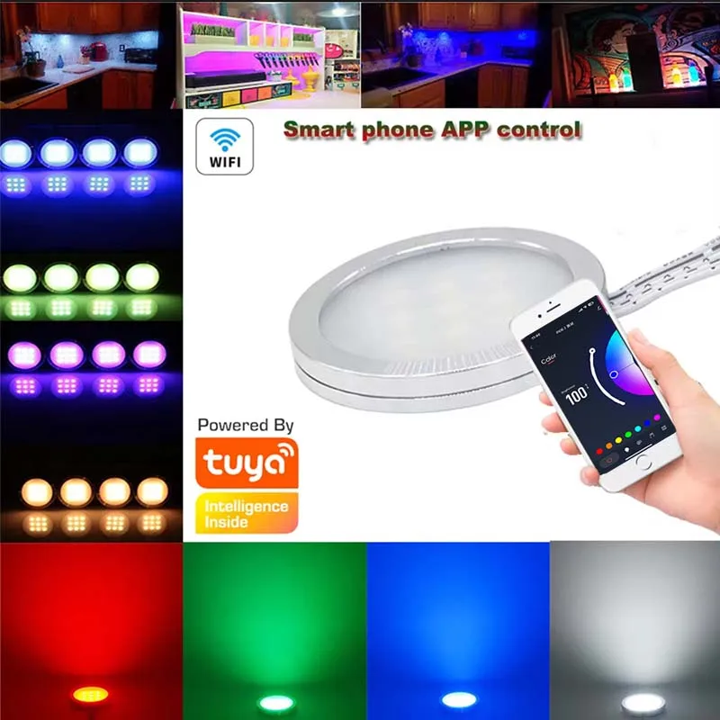 DC12V Tuya WIFI RGB LED Under Cabinet Light Dimmable Puck Light Festival Kitchen Counter Furniture Decor Alice Alexa Google Home