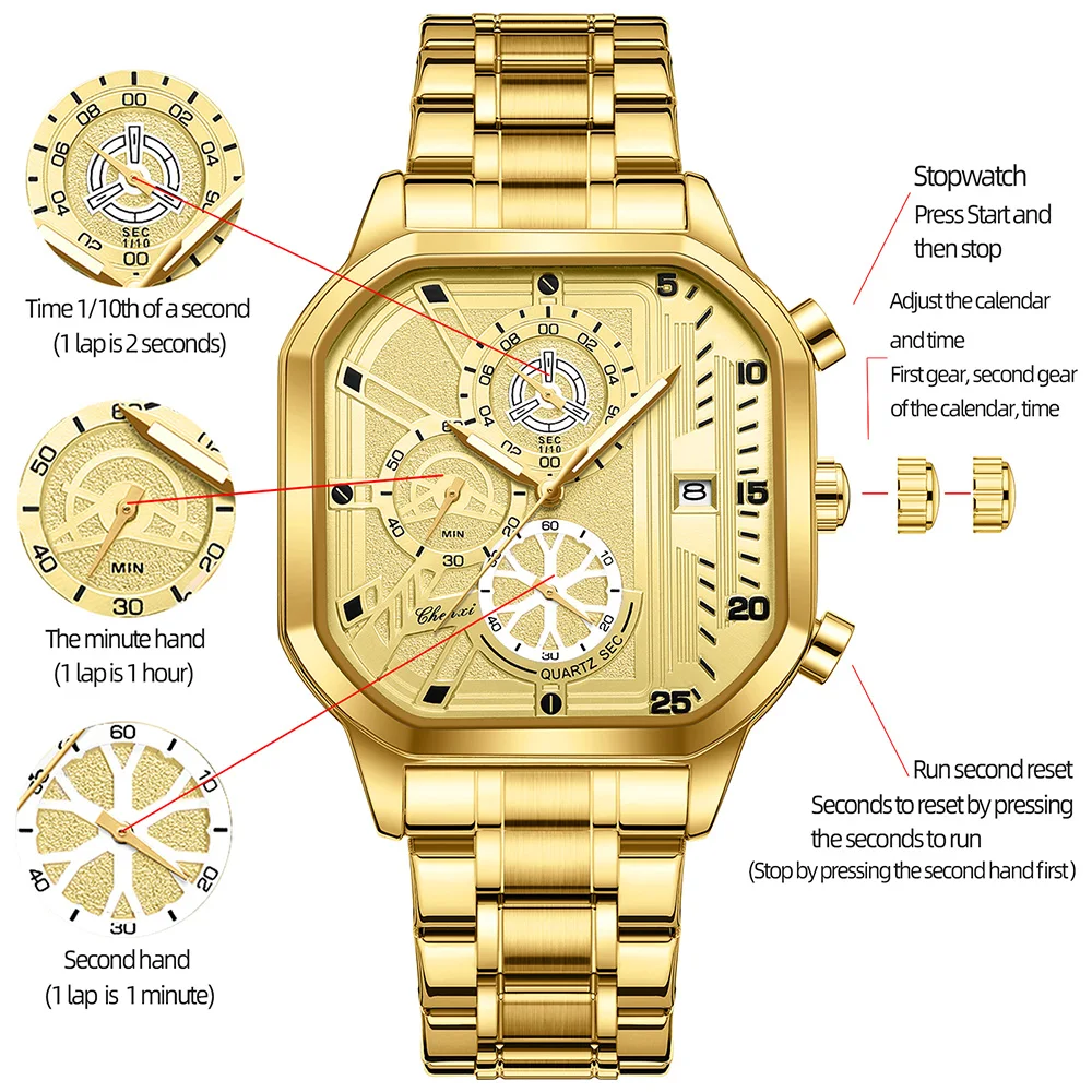 CHENXI Watches For Man Multifunctional Men's Watch Calendar Waterproof Gold Stainless Steel Strap Square Quartz Wristwatch Gift