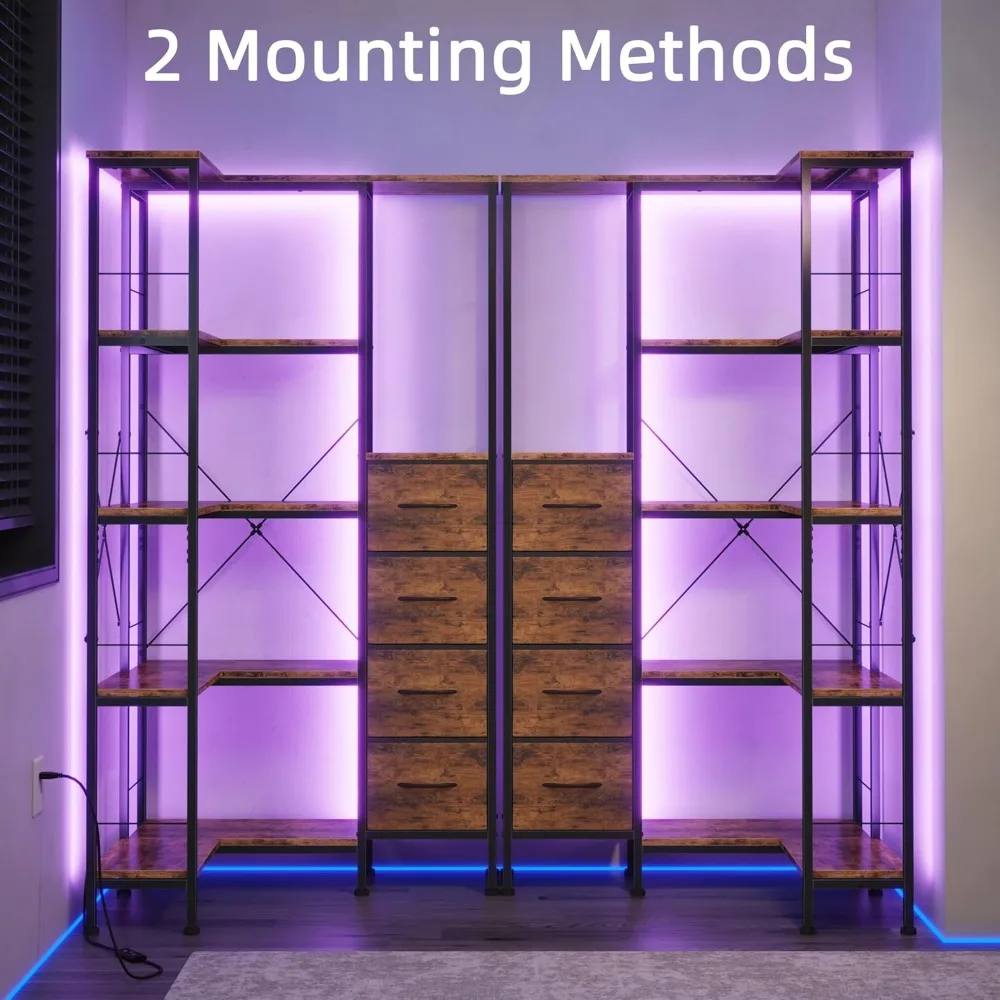 5-poziomowa półka narożna z oświetleniem LED, szufladami z tkaniny i półką ekspozycyjną, duży rozmiar, styl industrialny