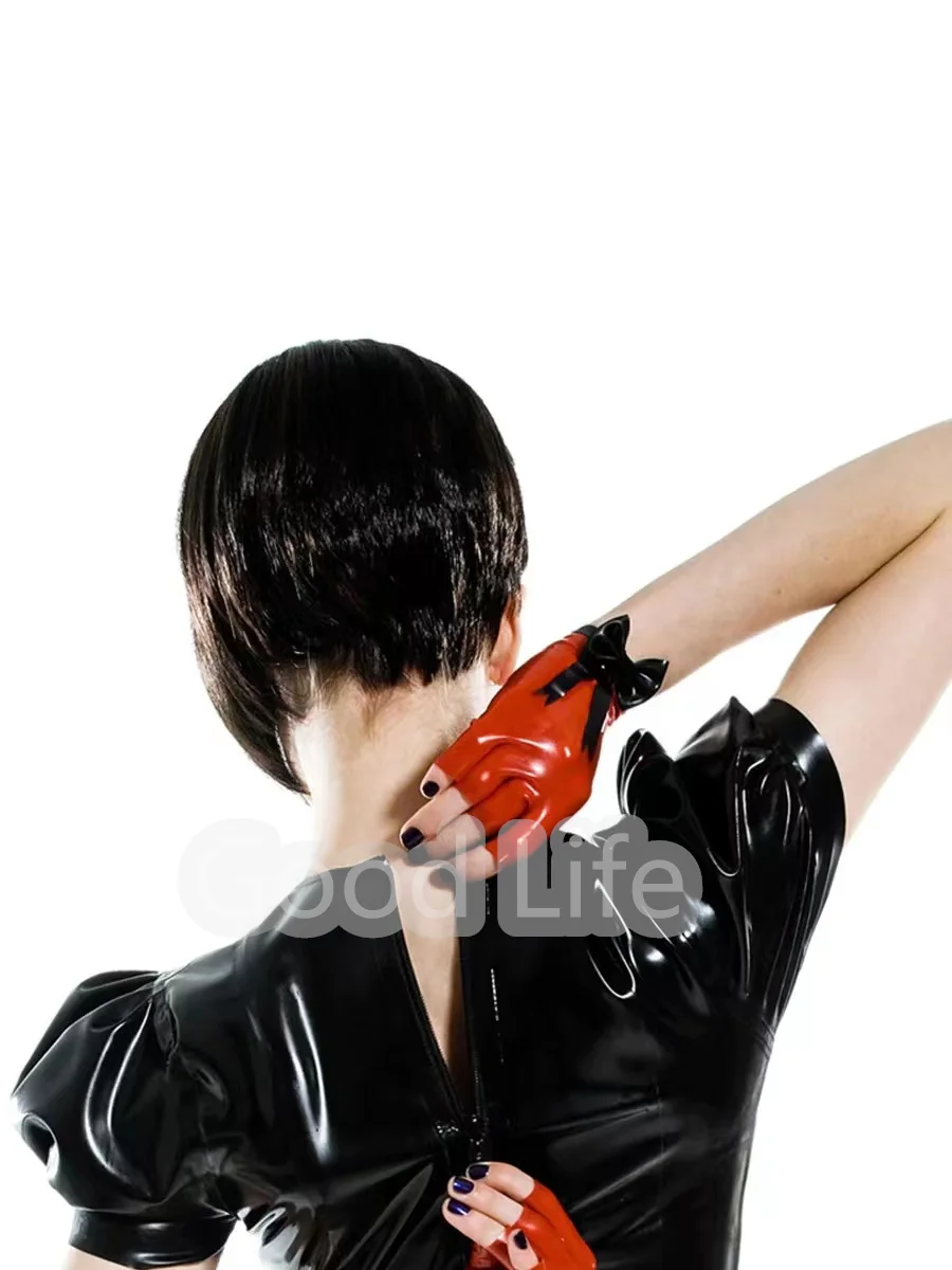 

Handmade Natural Latex women Blouse Mini shirt Rubber puff sleeve crop top Sexy latex Lady's Vest back zipper Cosplay Costume