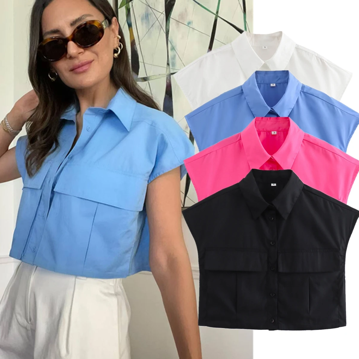 Withered Summer Shirt Women Tops Blouse Women Fashion Multicolor Pockets Short Shirt Blusas Mujer De Moda 2024