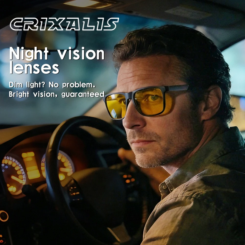 CRIXALIS Herren-Sonnenbrille, Nachtsicht, quadratisch, für Sport, Radfahren, Fahren, Outdoor, Sonnenbrille, Damen, Herren, Antireflexbeschichtung, UV400