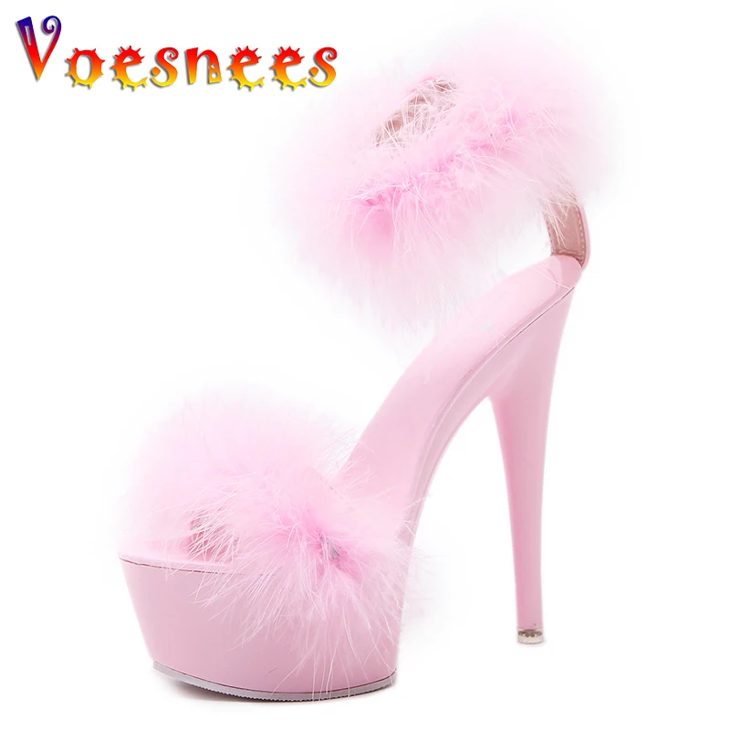 2022 New15CM Sandals for Women Model High Heels Fine With Sexy Black Platform Heels Ultra-High-Heel Furry Sandals Women\'s Shoes