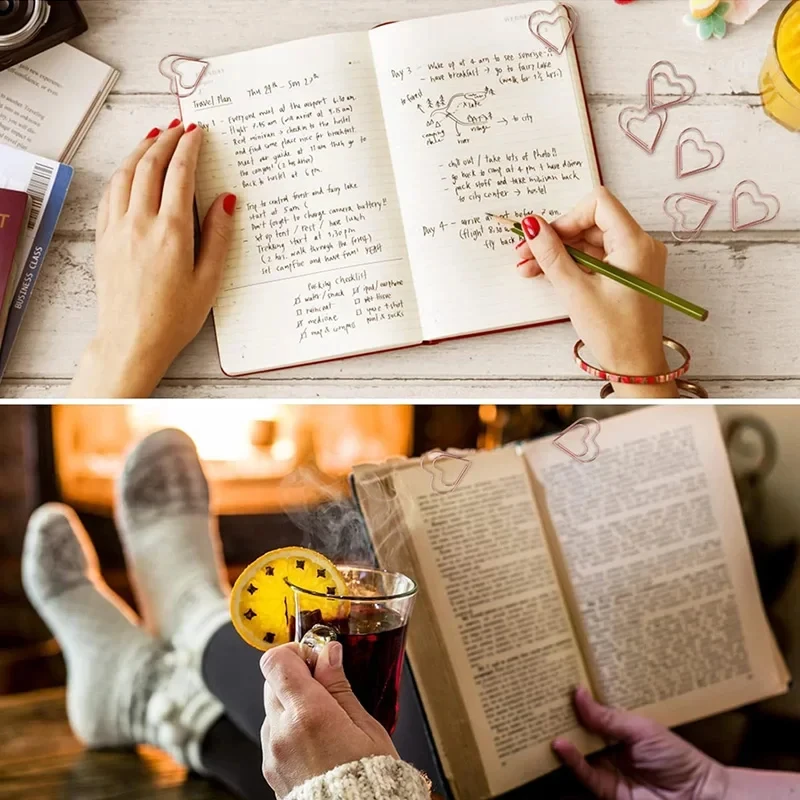 50 مشبك ورق معدني صغير على شكل قلب - مشبك إشارة مرجعية صغير على شكل قلب ذهبي وردي، مثالي لتزيين الكمبيوتر المحمول والقرطاسية