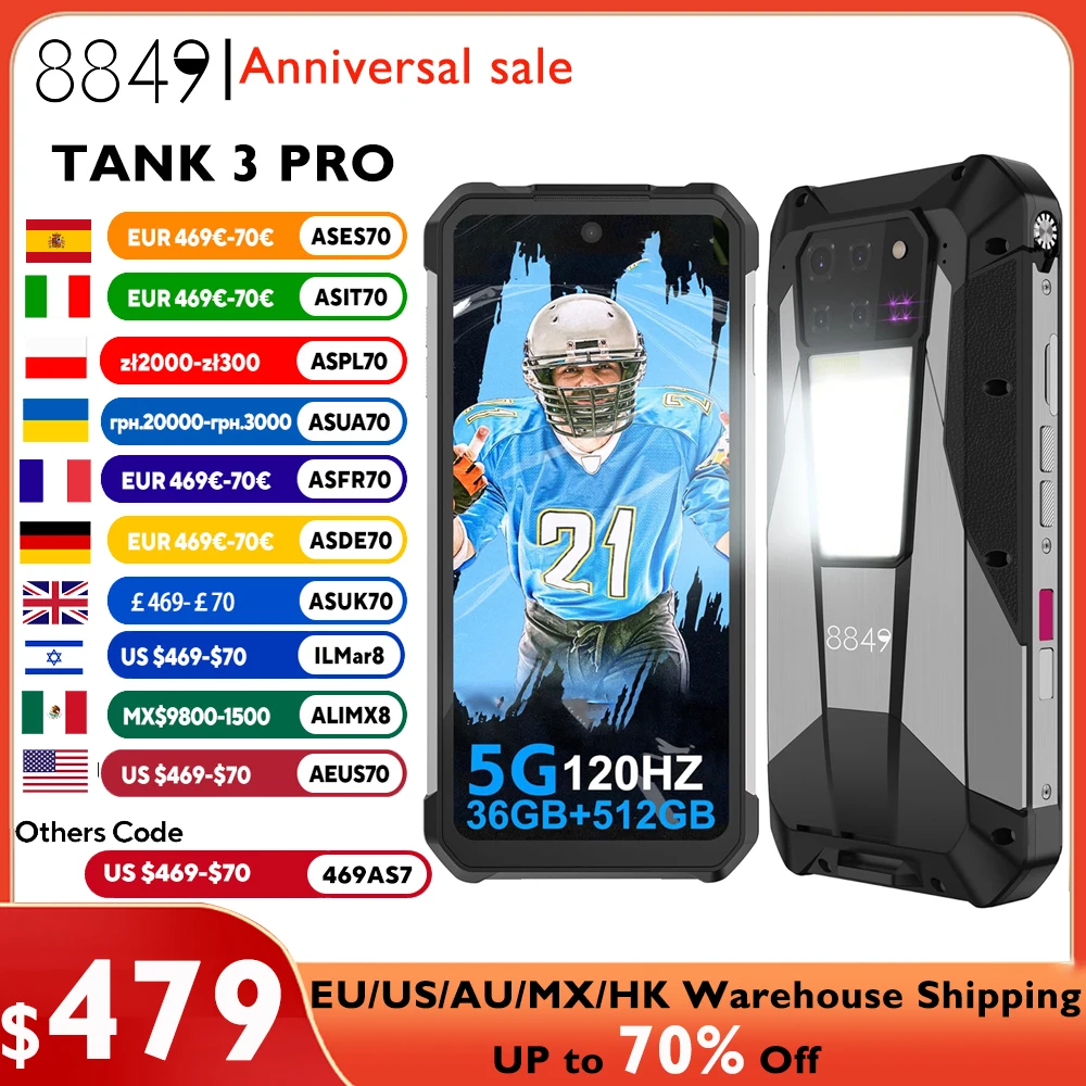 8849 Tank 3 Pro de Unihertz Proyector resistente Smartphone Android 23800mAh 32/36GB RAM 512GB ROM 5G 120W Cargador OTG Teléfono