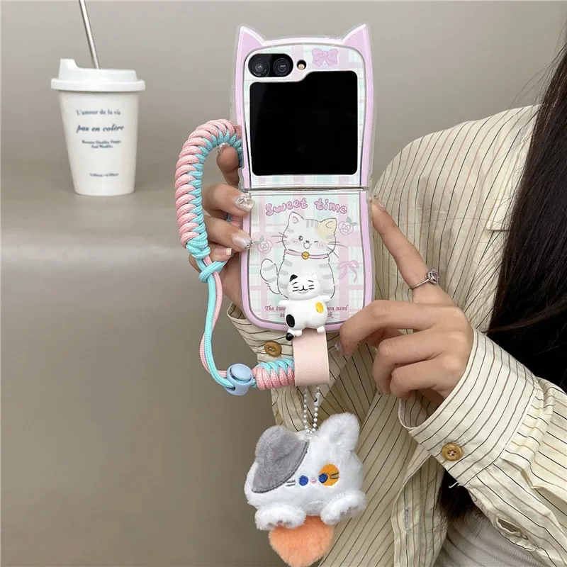 Plüsch Katze Anhänger Lanyard Handy hülle für Samsung Galaxy Z Flip 6 5 4 3 Schutzhülle für ZFlip4 ZFlip5 ZFlip6 Hülle