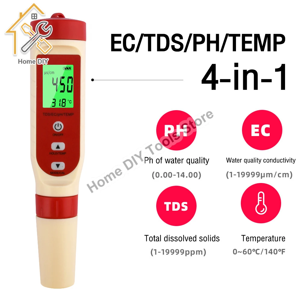 Novo medidor de pH 4 em 1 PH/TDS/EC/medidor de temperatura digital, monitor de qualidade de água, testador para piscinas, água potável, aquários