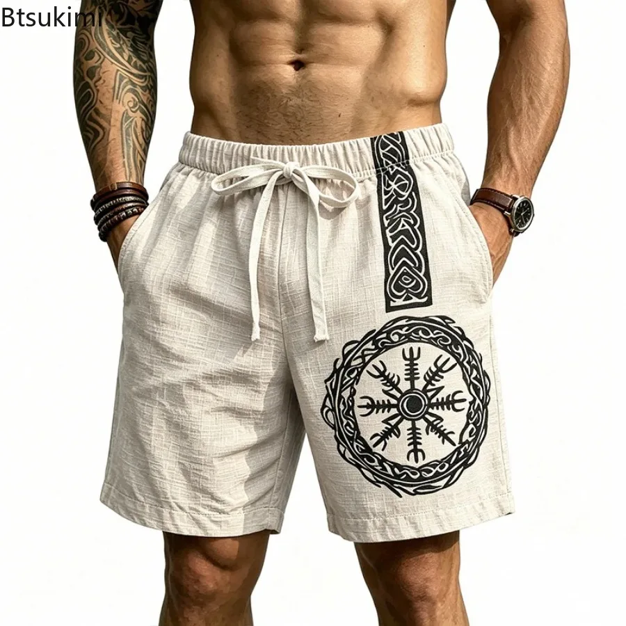 New Men's Fashion Loose Straight Linen Shorts Summer Vintage Pattern Printing Shorts Daily Leisure Mens Breathable Linen Shorts