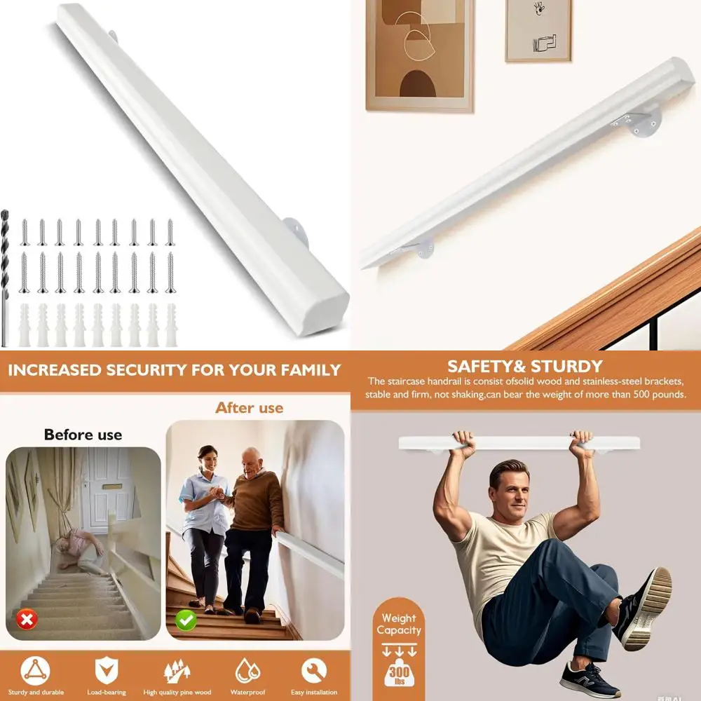 درابزين درج من الخشب الصلب بطول 3 أقدام، درابزين سلالم داخلية وخارجية، مثبت على الحائط، تصميم أمان غير قابل للانزلاق للاستخدام الداخلي والخارجي #1