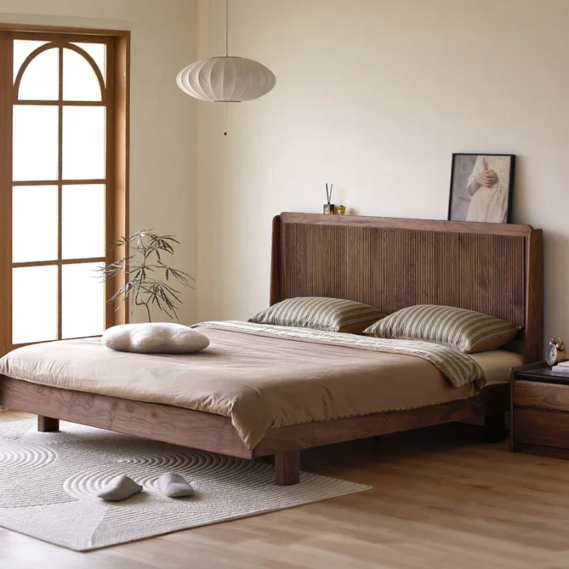 

Retro Walnut Chinese Style Pure Log Double Bed Master Bedroom Small Apartment without Bedside
