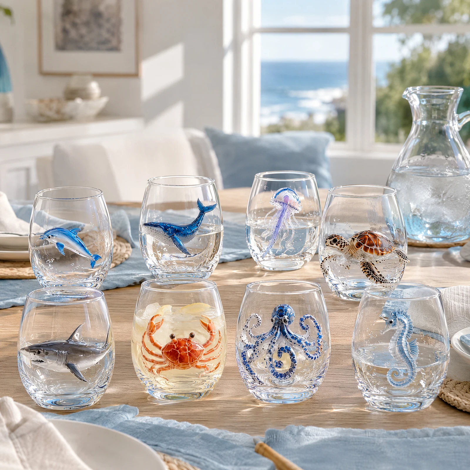 Glass Art Cup Handcrafted Crab Squid Shaped Novelty Wine Drinkware 8PCS 3.54in Hand-Blown Coastal Glassware