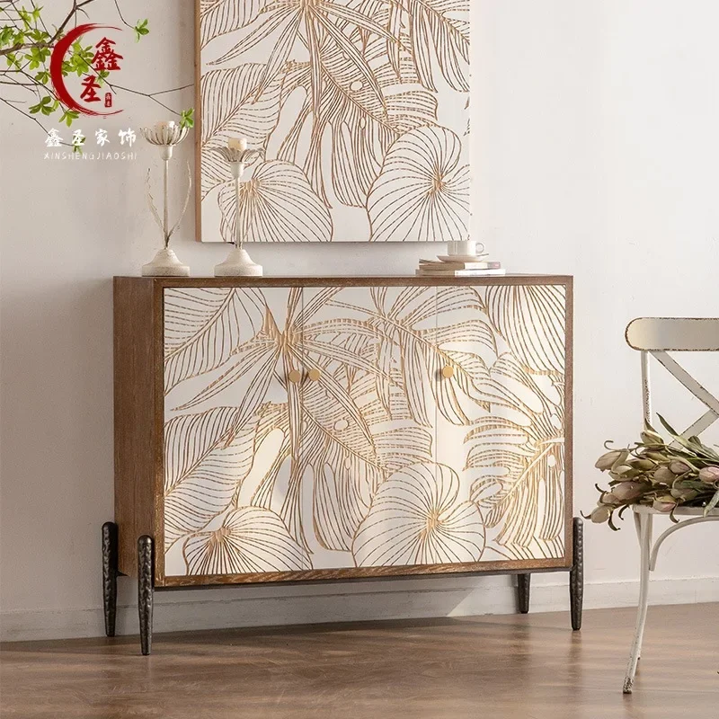 

Modern Solid Wood Carving Flower Sideboard Buffet Cabinet with Door, Large Kitchen Storage Cabinet with Solid Wood Console Table