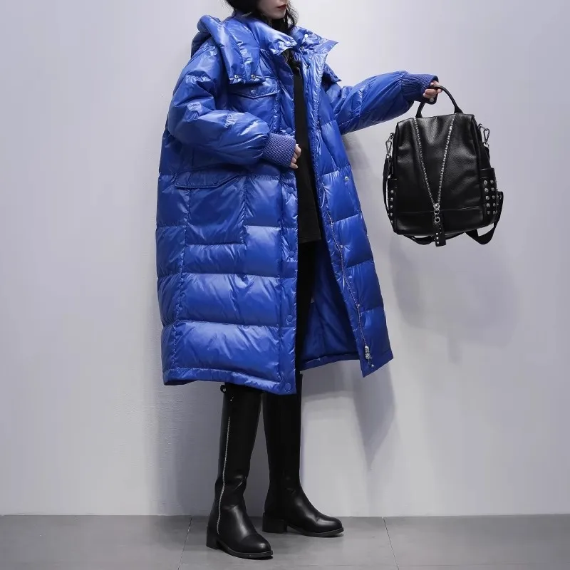 2025 Winter New Korean Edition Blue Glossy Hooded Down Coat Women's White Duck Down Thick Jackets Women Warm Parker Overcoat