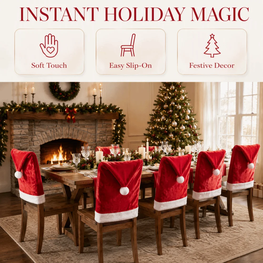 Cartoon Christmas Chair Covers Removable Santa Hat Xmas Dinner Chair Seat Cover Washable Decorative Red Chair Back Cover