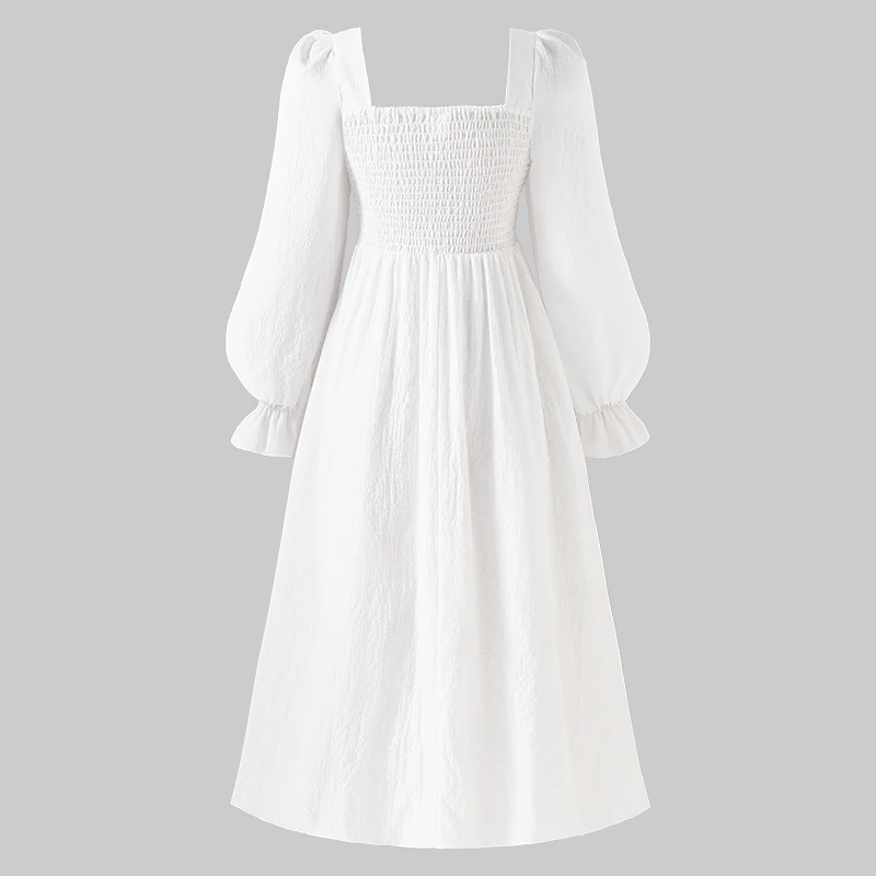 Girls 8-12 Summer White Midi Dress, Square Neck Puff Long Sleeve Lace Up Waist Smocked Flowy A Line Casual Kids Dress