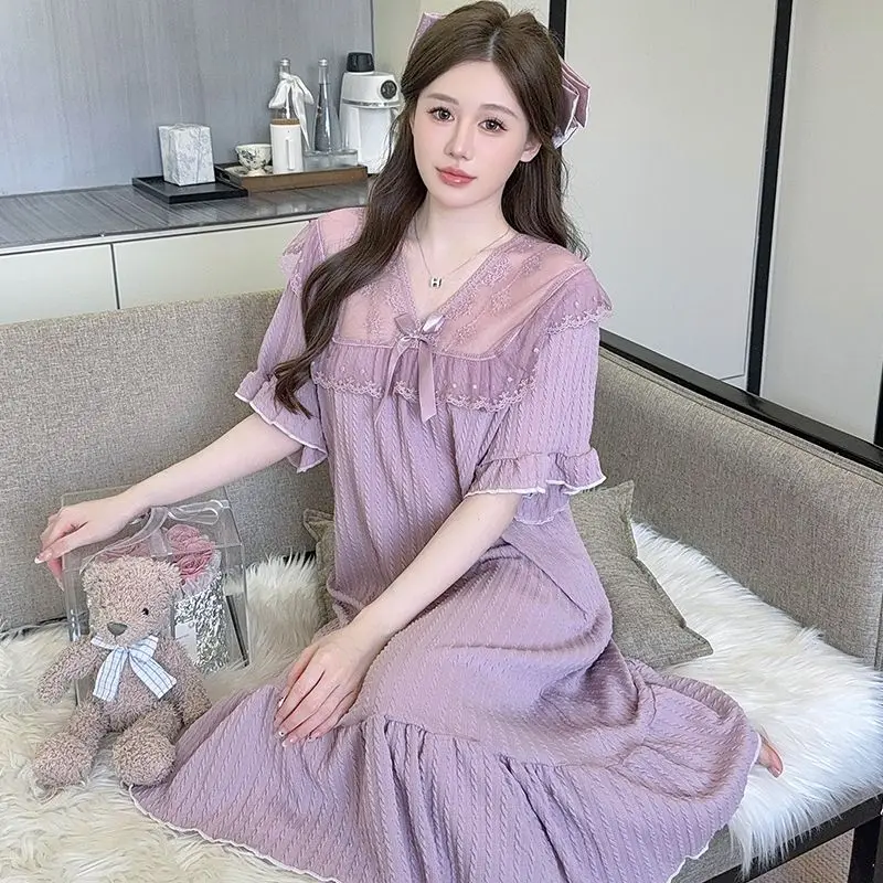 

2025 Hot Summer Plus Size Short Sleeve Cotton Nightgowns for Women Korean Cute Lace Sleepwear Night Dress Nightdress Home Nighty