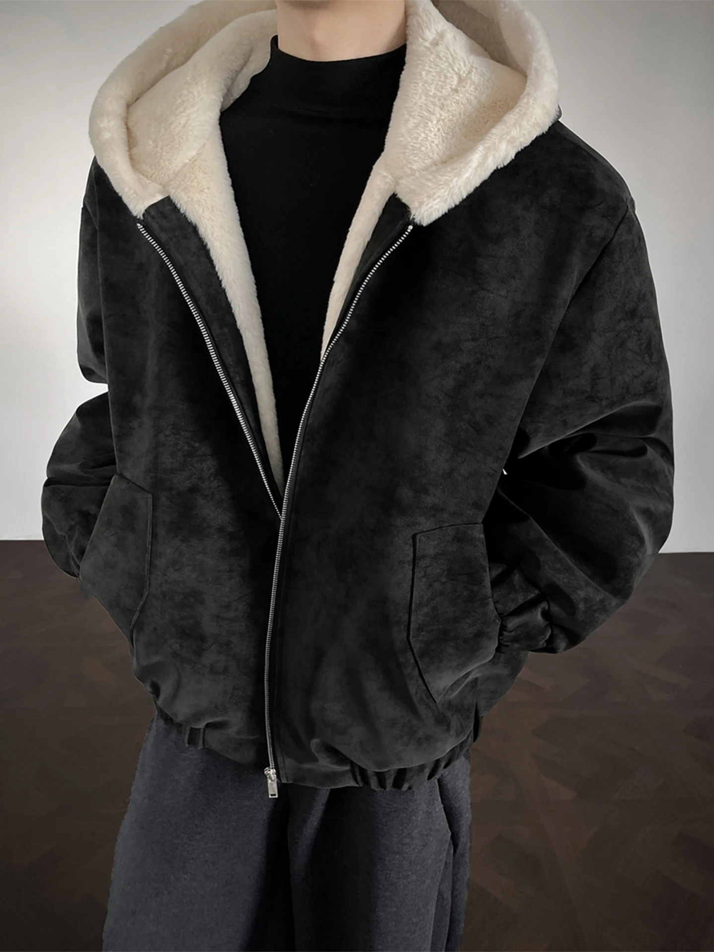 

American Retro Hooded Jaet Men's Winter Lamb Fur Splicing Cotton Fill Thiened Cold Resistance Motorcycle Sle Cotton Coat