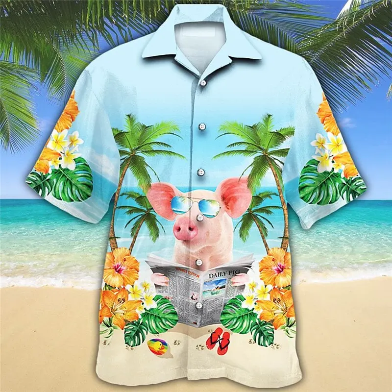 Summer New Hawaiian Men Shirt 3d Cartoon Flamingo Men\'s Shirt Beach Oversized Fashion Short Sleeve Tops Funny Men\'s Clothing