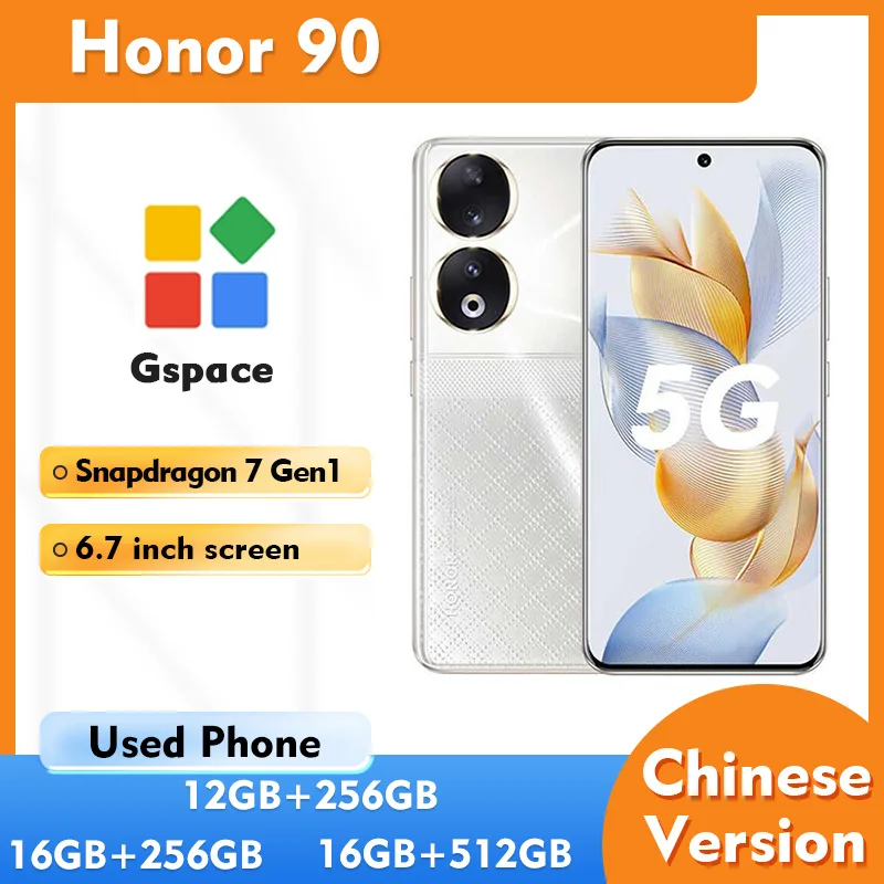 كاميرا HONOR 90 5G 200MP الرئيسية 6.7 بوصة 2664x1200px Snapdragon7 Gen1 بطارية 5000mAh شحن 66 وات هاتف مستعمل