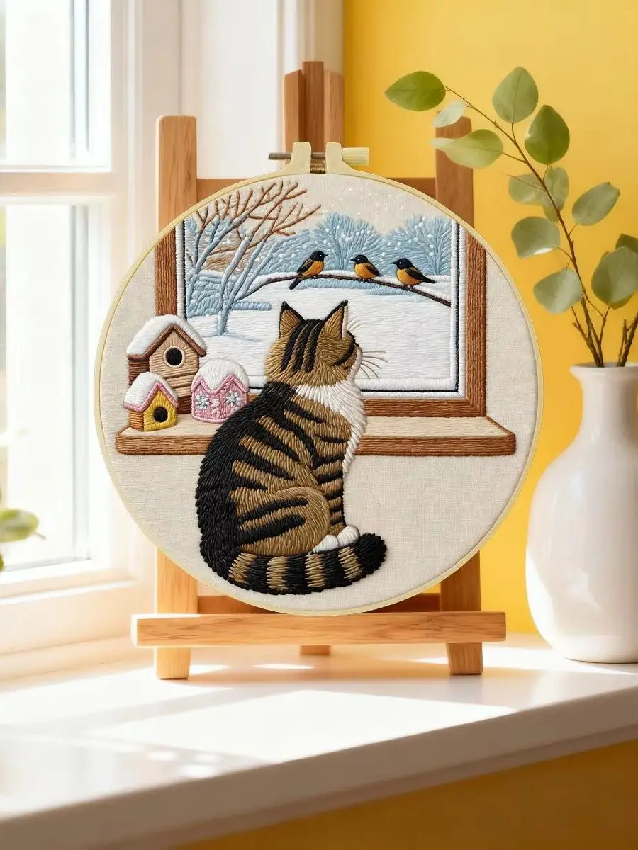 1 Stück 20X20CM/15X15CM 7,87/6,3 Zoll Katzen-Stickerei-Starter-Kit DIY-Kit DIY-Stickerei-Set Handarbeiten Nähkunst Malerei – Detail 6