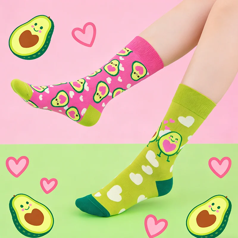 1 pair Adorable Avocado Heart Print Socks - Pink Green Mismatched Mid-Calf Socks (Couple/BFF Style)