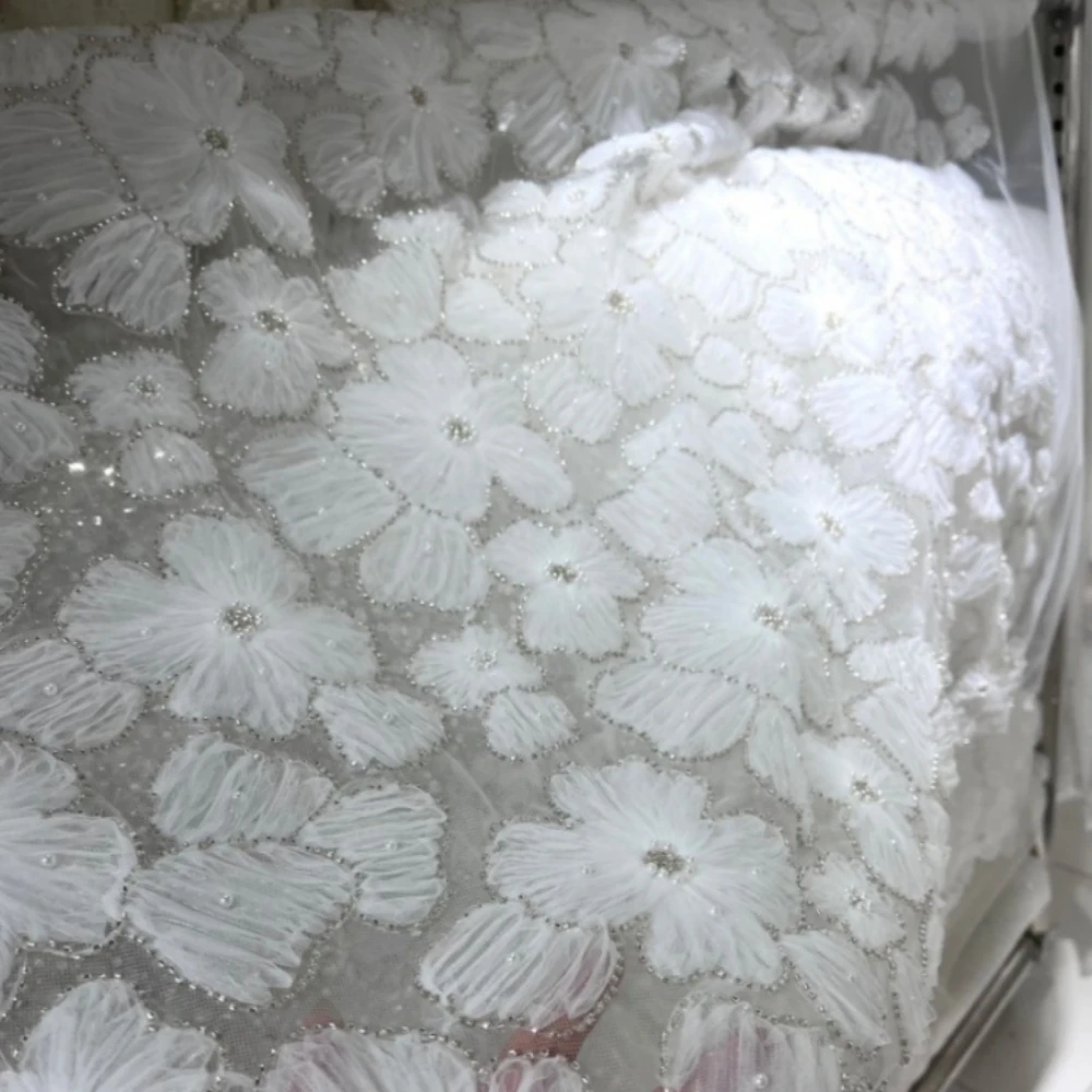 

Pearl Flower Embroidery Lace Fabric for Panhua Mesh Fashion Wedding Dress Suit Diy Perspective Cloth By Meter Sewing Material