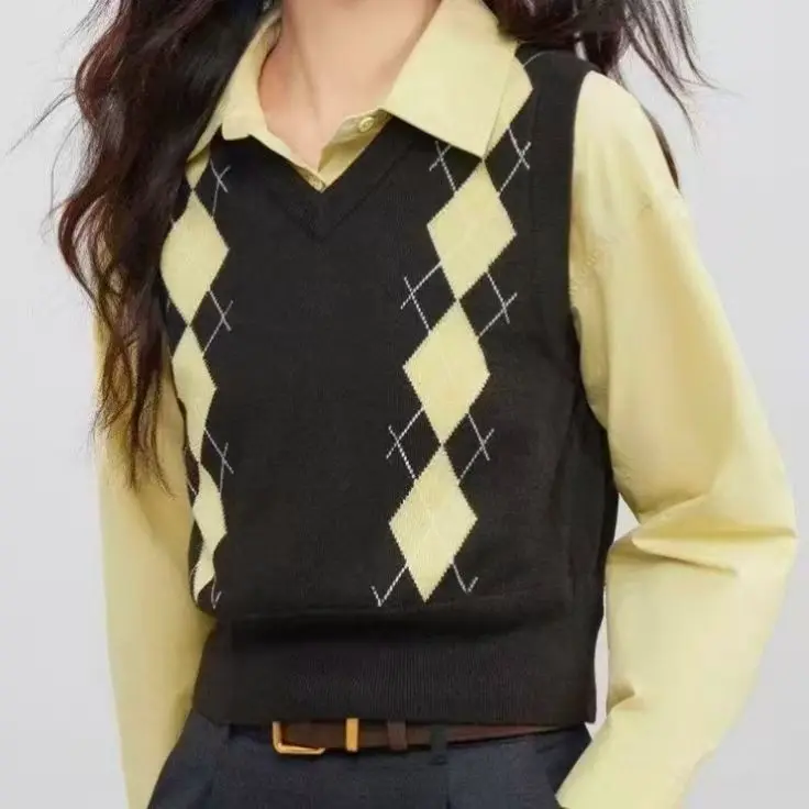 Moda outono feminino vintage xadrez camisola coletes regata feminina de malha colheita topo feminino sem mangas colete de malha